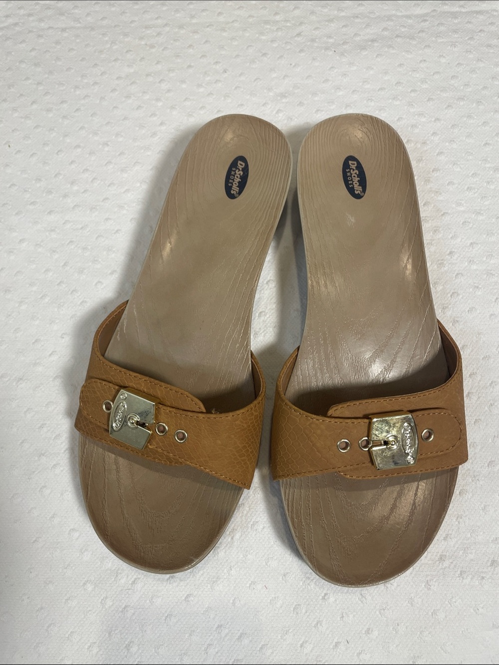 Dr. Scholl's Brown Slide Sandals Gold Buckle (NOT wood) W9 Original leg shaper